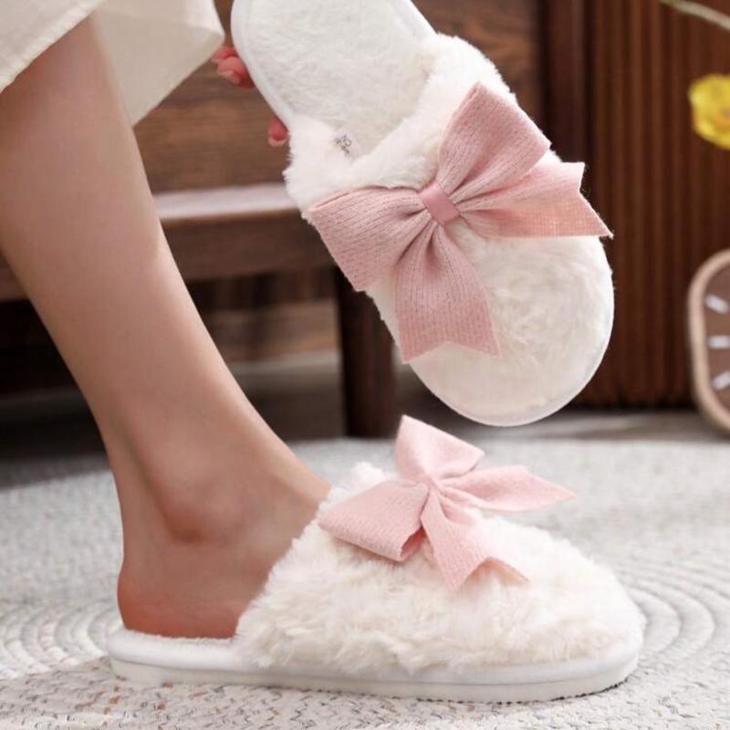 Plush Bow Tie Slippers For Women, Warm Indoor House Slippers, Couple Wear, Non-Slip Floor Furry Mules For Winter