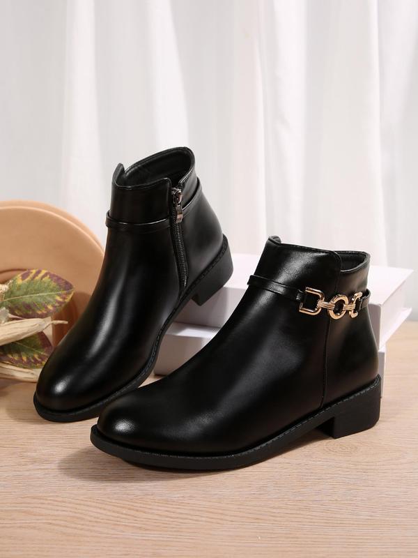 Women's Fashionable Solid Color Chain Decorated Boots, Elegant Zipper Design Ankle Boots for Daily Wear, Female All-match Trendy Shoes for Fall & Winter