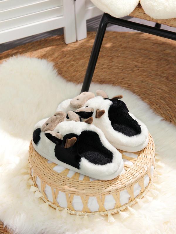 Women's Cute Cow Design Plush Slippers, Casual Soft Comfortable Home Slippers, Warm Slippers for Indoor & Outdoor Use for Fall & Winter