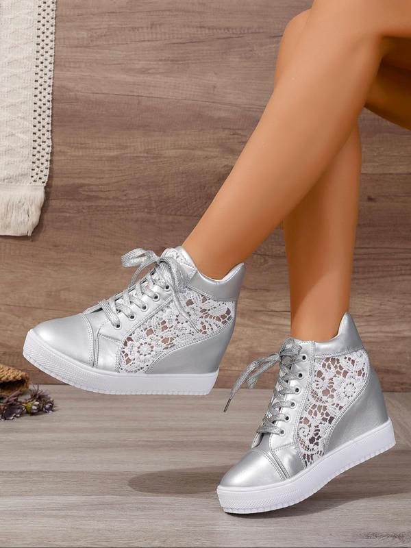 Women's Hollow Out Design Lace Up Wedge Sneakers, Casual Comfort Breathable Wedge Shoes for Daily Wear, Trendy All-match Shoes for Women & Girls