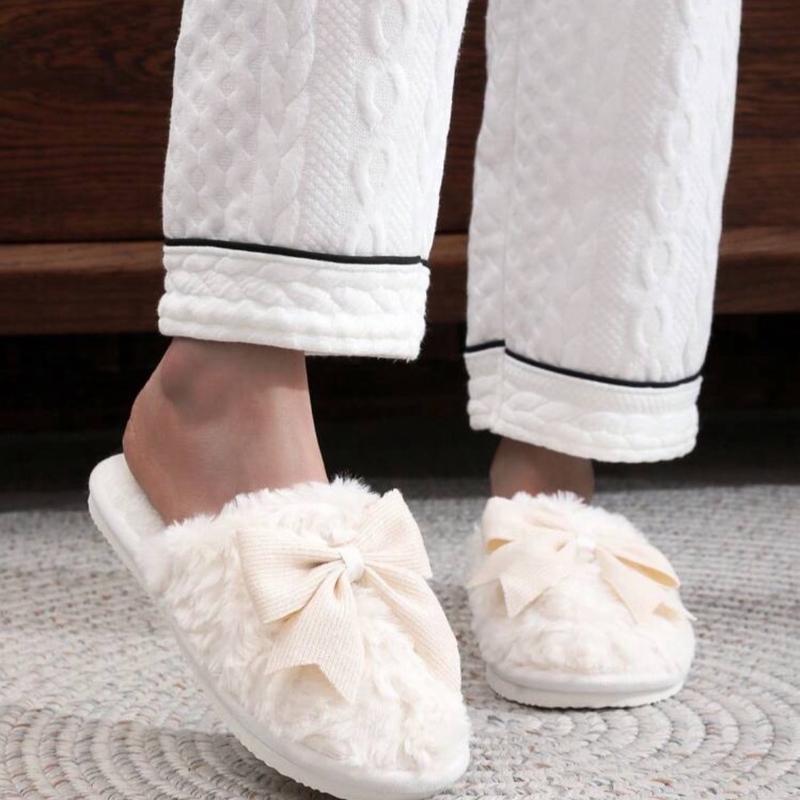 Plush Bow Tie Slippers For Women, Warm Indoor House Slippers, Couple Wear, Non-Slip Floor Furry Mules For Winter