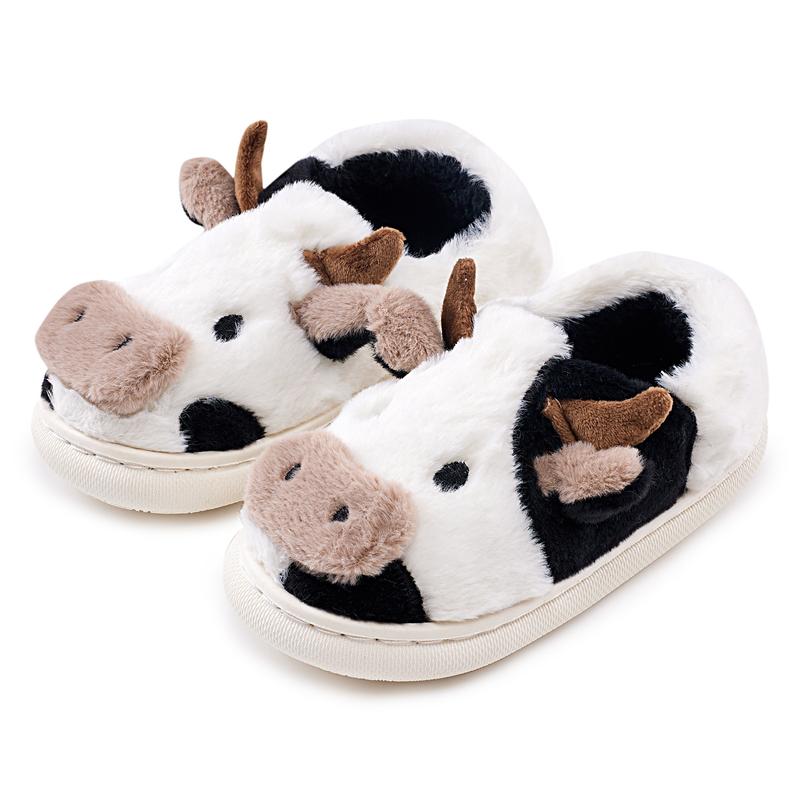 Winter Cute Plush Cow Slippers for Women Men Girls, Kawaii Fluffy Fuzzy and Cozy Cotton Slippers for Indoor Outdoor Spring Autumn Winter, Soft Warm House Shoes