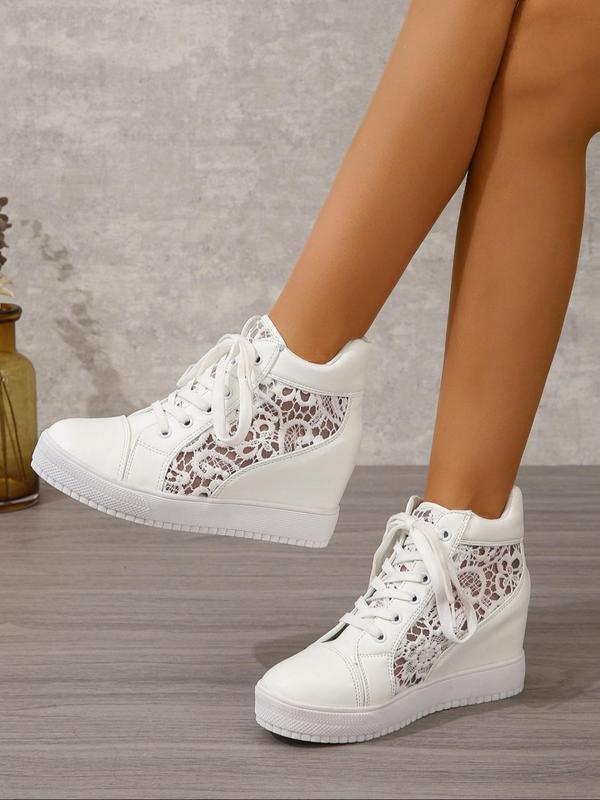 Women's Hollow Out Design Lace Up Wedge Sneakers, Casual Comfort Breathable Wedge Shoes for Daily Wear, Trendy All-match Shoes for Women & Girls