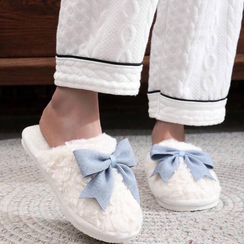 Plush Bow Tie Slippers For Women, Warm Indoor House Slippers, Couple Wear, Non-Slip Floor Furry Mules For Winter