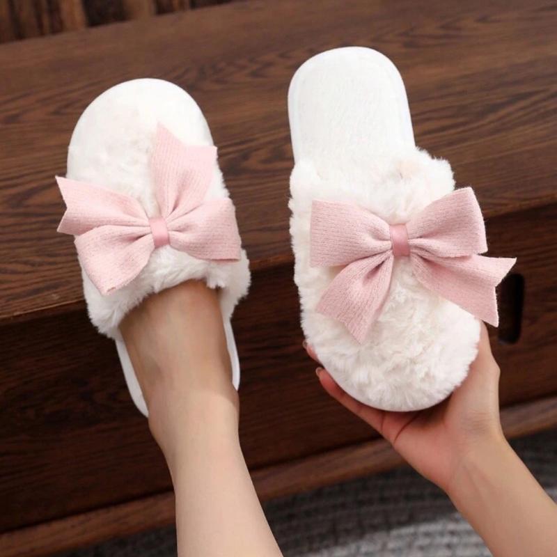 Plush Bow Tie Slippers For Women, Warm Indoor House Slippers, Couple Wear, Non-Slip Floor Furry Mules For Winter