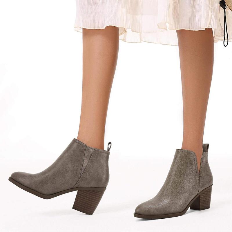 Womens Cut Out Ankle Boots Chunky Stacked Heel Almond Toe Slip on Western Booties