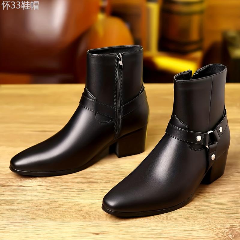 Men's Zippered PU Leather Heeled Boots, Casual Walking Shoes Boy Footwear