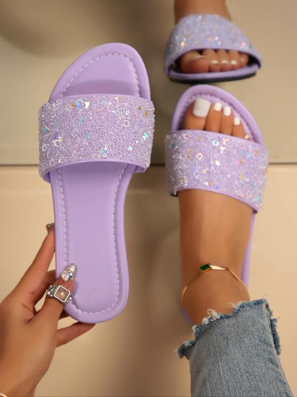 Women's Fashionable Rhinestone Decorated Slippers, Casual Comfortable Flat Sandals for Beach, Outdoor, Daily Wear