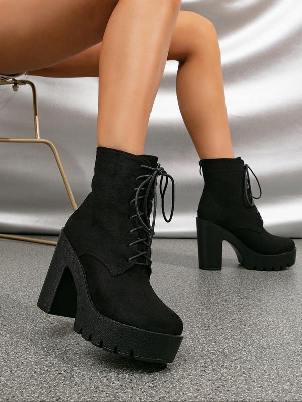 Women's Fashionable Solid Color Lace Up Front Platform Boots, Casual Comfortable Round Toe Mid-Calf Boots for Daily Wear, Perfect for Students for Photography