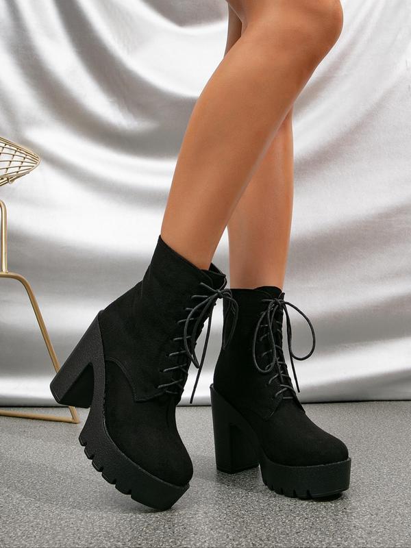 Women's Fashionable Solid Color Lace Up Front Platform Boots, Casual Comfortable Round Toe Mid-Calf Boots for Daily Wear, Perfect for Students for Photography