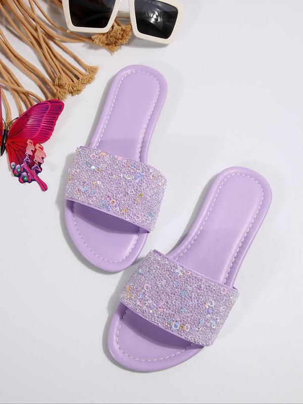 Women's Fashionable Rhinestone Decorated Slippers, Casual Comfortable Flat Sandals for Beach, Outdoor, Daily Wear