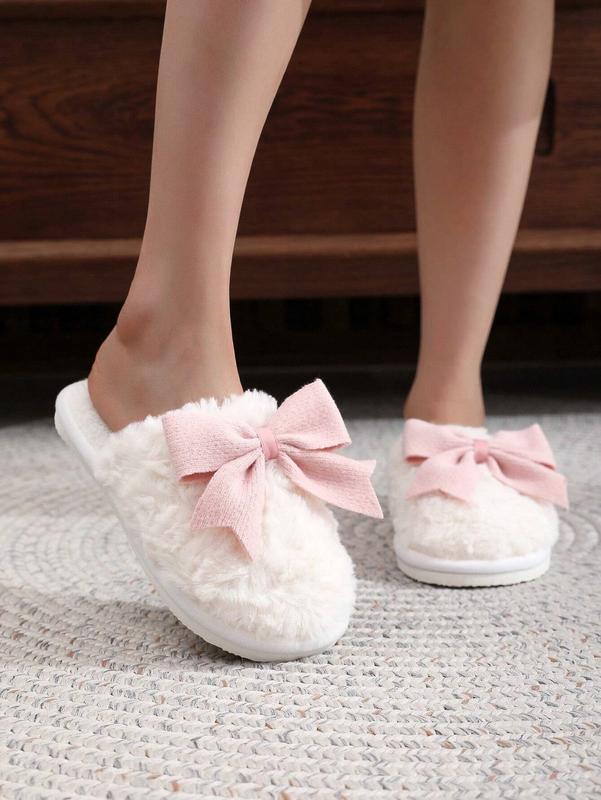 Women's Plush Bow Tie Slippers, Warm Indoor House Mules for Winter - Girl, Footwear Shoe Walking Shoes Flipflop Slide Comfort Kitchen Tsinelas silk  monthly slipper Nail Dance