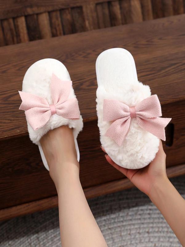 Women's Plush Bow Tie Slippers, Warm Indoor House Mules for Winter - Girl, Footwear Shoe Walking Shoes Flipflop Slide Comfort Kitchen Tsinelas silk  monthly slipper Nail Dance