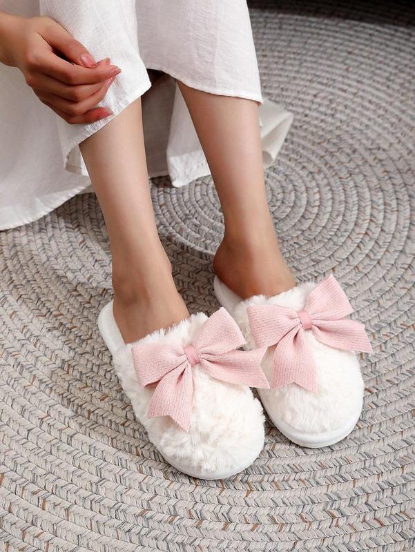 Women's Plush Bow Tie Slippers, Warm Indoor House Mules for Winter - Girl, Footwear Shoe Walking Shoes Flipflop Slide Comfort Kitchen Tsinelas silk  monthly slipper Nail Dance