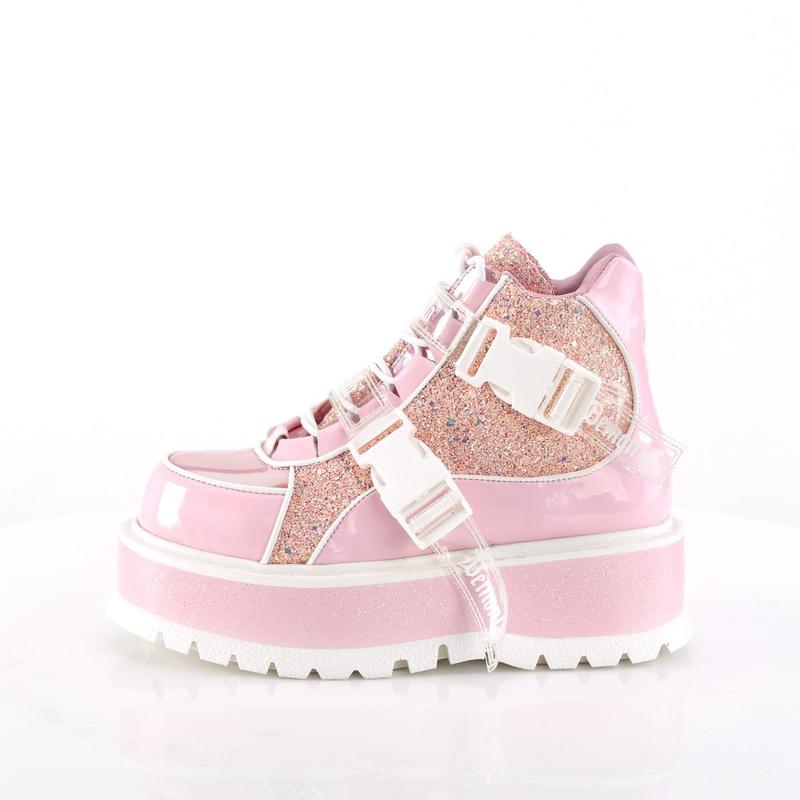 Demonia Slacker-50 Baby Pink Holographic Patent-Pink Multi Glitter Platforms