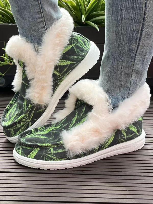 Women's Leaf Print Plush Slip on Shoes, Casual Comfortable Breathable Home Slippers, Warm Soft Shoes for Indoor & Outdoor Wear