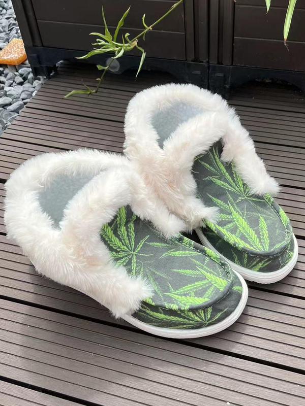 Women's Leaf Print Plush Slip on Shoes, Casual Comfortable Breathable Home Slippers, Warm Soft Shoes for Indoor & Outdoor Wear