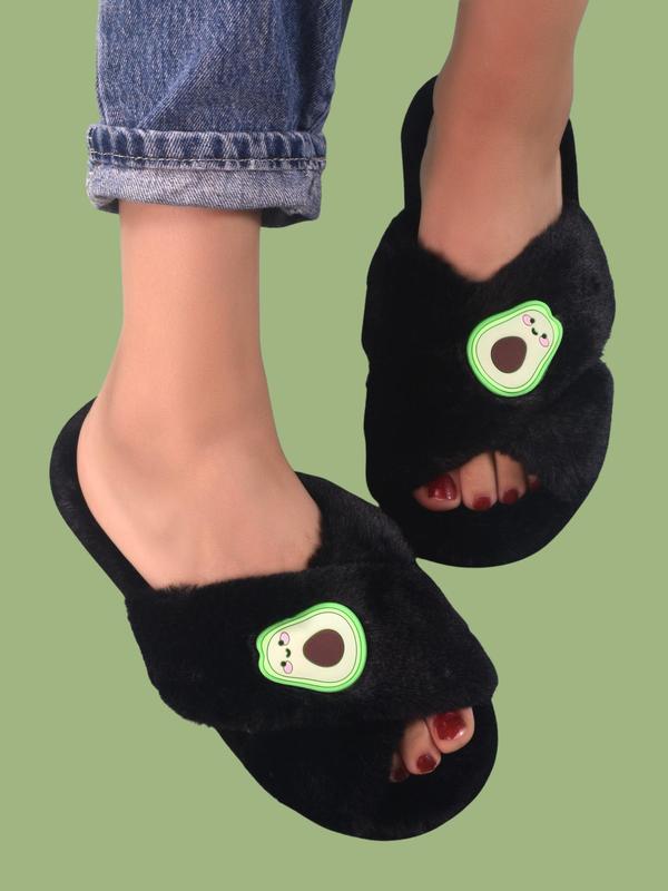 Women's Fashionable Cute Cartoon Avocado Design Plush Slippers, Casual Soft Comfortable Home Slippers, Cross Strap Fluffy Bedroom Slippers