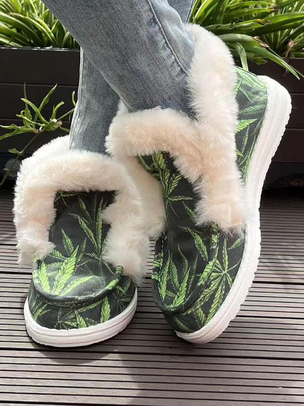 Women's Leaf Print Plush Slip on Shoes, Casual Comfortable Breathable Home Slippers, Warm Soft Shoes for Indoor & Outdoor Wear