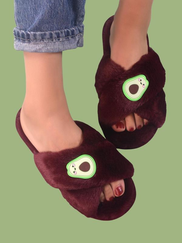 Women's Fashionable Cute Cartoon Avocado Design Plush Slippers, Casual Soft Comfortable Home Slippers, Cross Strap Fluffy Bedroom Slippers