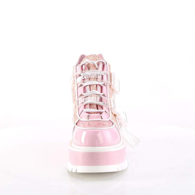 Demonia Slacker-50 Baby Pink Holographic Patent-Pink Multi Glitter Platforms