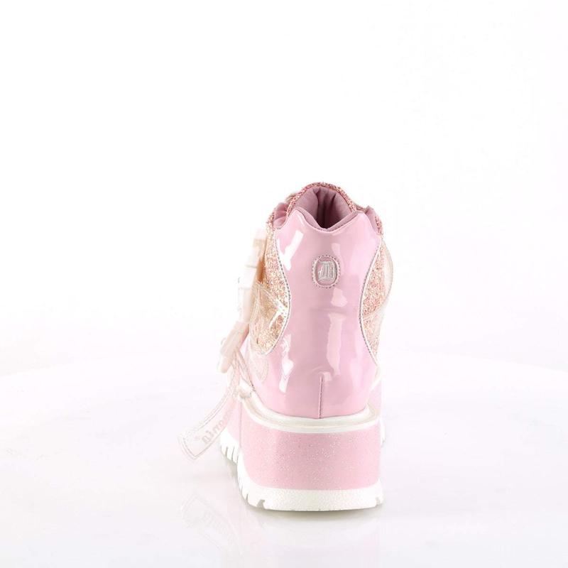 Demonia Slacker-50 Baby Pink Holographic Patent-Pink Multi Glitter Platforms