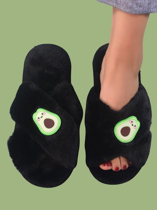 Women's Fashionable Cute Cartoon Avocado Design Plush Slippers, Casual Soft Comfortable Home Slippers, Cross Strap Fluffy Bedroom Slippers