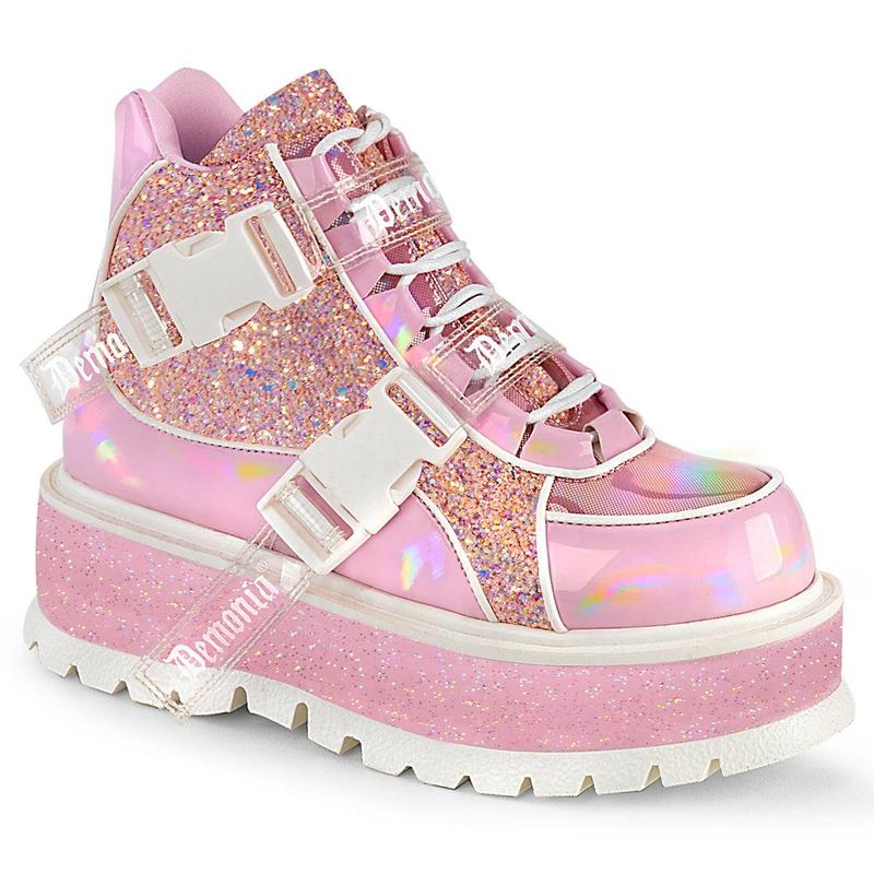 Demonia Slacker-50 Baby Pink Holographic Patent-Pink Multi Glitter Platforms