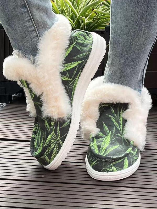 Women's Leaf Print Plush Slip on Shoes, Casual Comfortable Breathable Home Slippers, Warm Soft Shoes for Indoor & Outdoor Wear