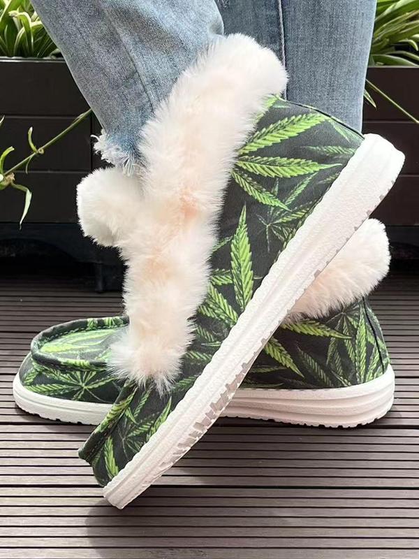 Women's Leaf Print Plush Slip on Shoes, Casual Comfortable Breathable Home Slippers, Warm Soft Shoes for Indoor & Outdoor Wear