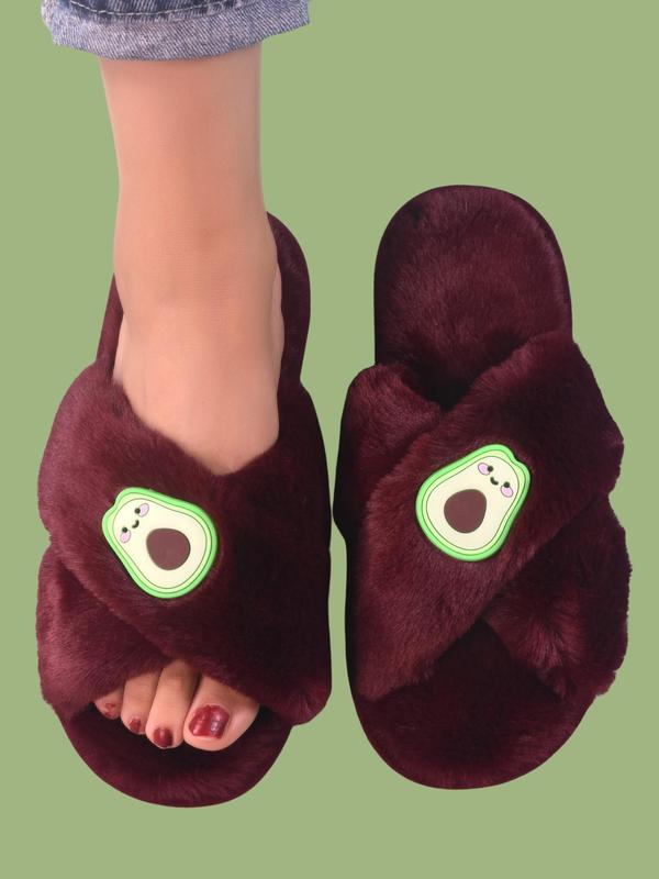 Women's Fashionable Cute Cartoon Avocado Design Plush Slippers, Casual Soft Comfortable Home Slippers, Cross Strap Fluffy Bedroom Slippers