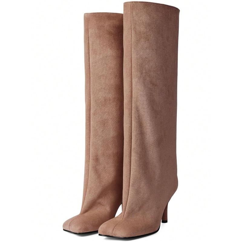 Luxury Fashion Women's Knee High Long Boots Square Toe Wide Calf Stiletto Heel Tall Boots