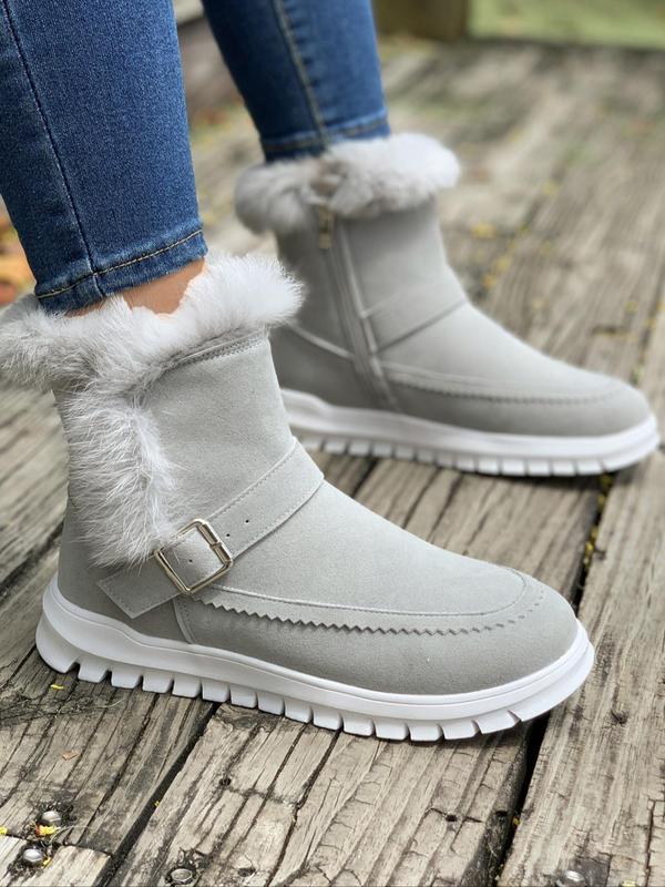 Women's Fashionable Contrast Faux Fur Belted Decor Boots, Casual Comfortable Warm Boots for Winter, Female All-match Trendy Shoes for Daily Wear