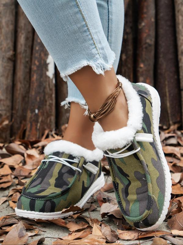 Women's Camo Pattern Lace Up Low Top Shoes, Casual Warm Thermal Lined Fall Shoes for Outdoor, Female All-match Round Toe Shoes for Winter