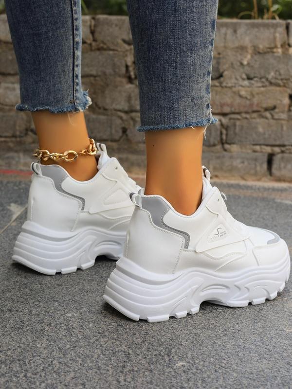 Women's Fashiona Letter Label Design Lace Up Front Chunky Sneakers, Casual Comfort Round Toe High Heel Sneakers, All-match Commuter Shoes for Work & Daily Wear