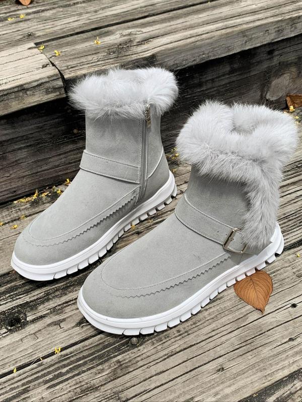 Women's Fashionable Contrast Faux Fur Belted Decor Boots, Casual Comfortable Warm Boots for Winter, Female All-match Trendy Shoes for Daily Wear