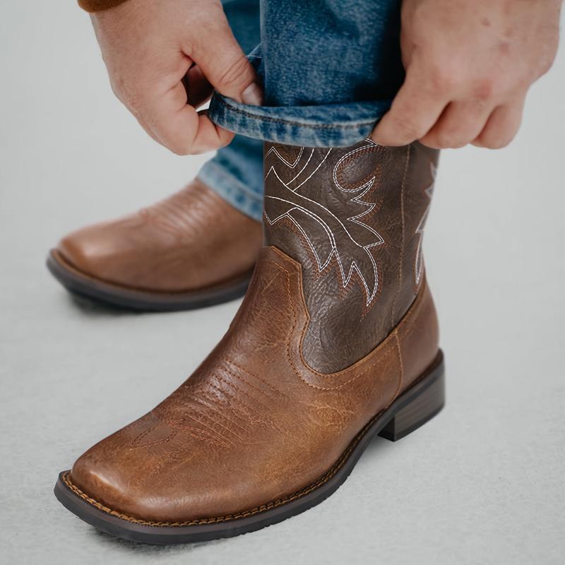 Classic Western Cowboy Boots - Men's Slip-On Square Toe Boots with Embroidered Design, Slip Resistant, Chunky Heel, Durable Ankle Boots for Spring and Fall gift