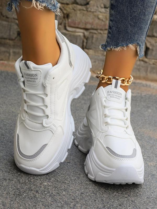 Women's Fashiona Letter Label Design Lace Up Front Chunky Sneakers, Casual Comfort Round Toe High Heel Sneakers, All-match Commuter Shoes for Work & Daily Wear