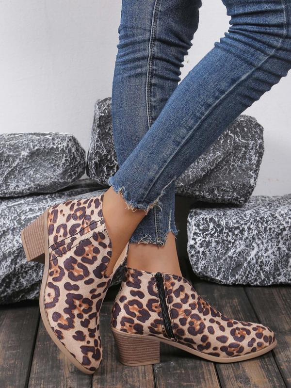 Women's Fashion Leopard Print Zipper Ankle Boots, Casual Comfortable Chunky Heel Boots for Daily Wear, Female All-match Shoes for Fall & Winter