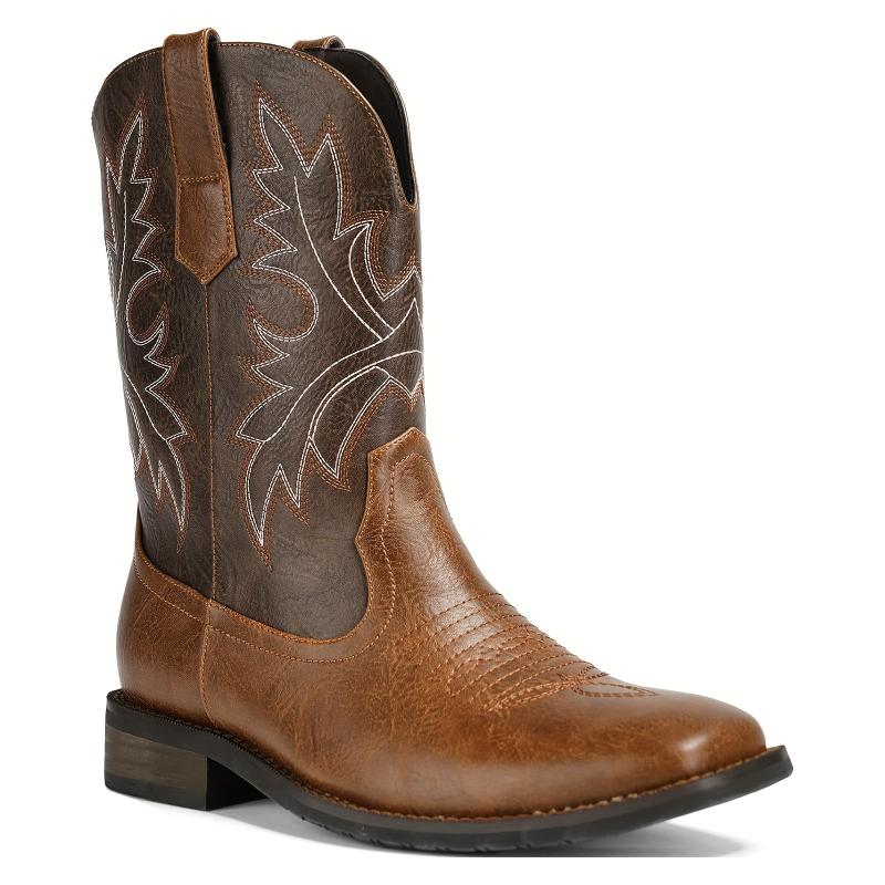 Classic Western Cowboy Boots - Men's Slip-On Square Toe Boots with Embroidered Design, Slip Resistant, Chunky Heel, Durable Ankle Boots for Spring and Fall gift