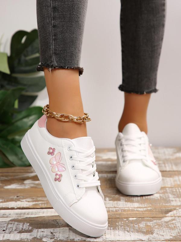 Women's Fashionable Butterfly Embroidery Design Lace Up Low Top Sneakers, Casual Comfortable Sports Shoes for Daily Wear, Female All-match Round Toe Shoes for Daily Wear