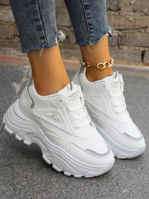 Women's Fashiona Letter Label Design Lace Up Front Chunky Sneakers, Casual Comfort Round Toe High Heel Sneakers, All-match Commuter Shoes for Work & Daily Wear