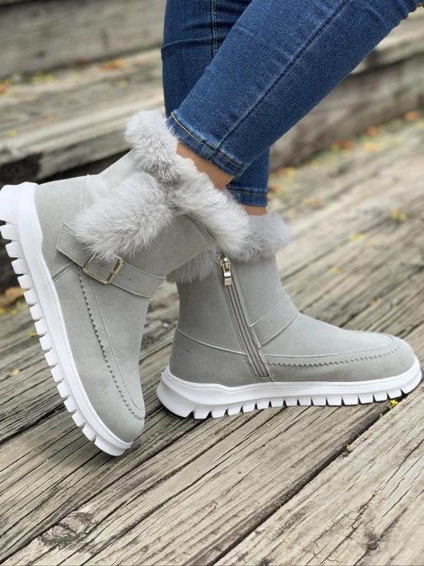 Women's Fashionable Contrast Faux Fur Belted Decor Boots, Casual Comfortable Warm Boots for Winter, Female All-match Trendy Shoes for Daily Wear