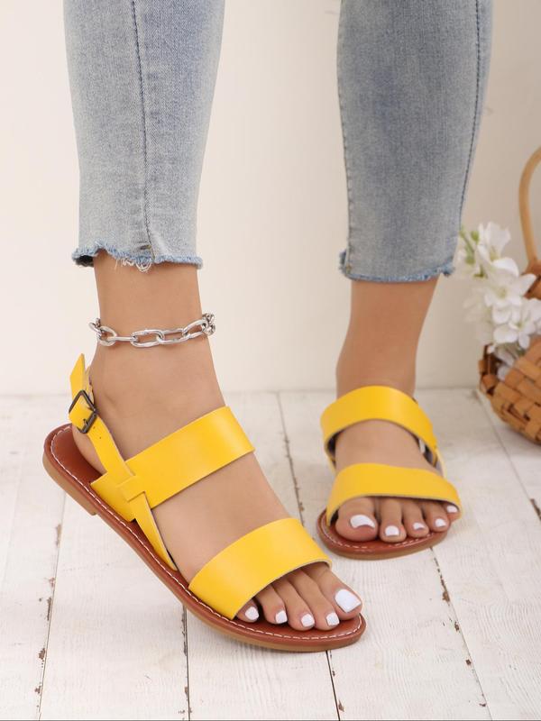 Women's 2024 Summer Adjustable Double Wide Band PU Leather Ankle Strap Sandals, Casual Round Toe Flat Heel Slingback Sandals for Women, Back To School Walking Shoes