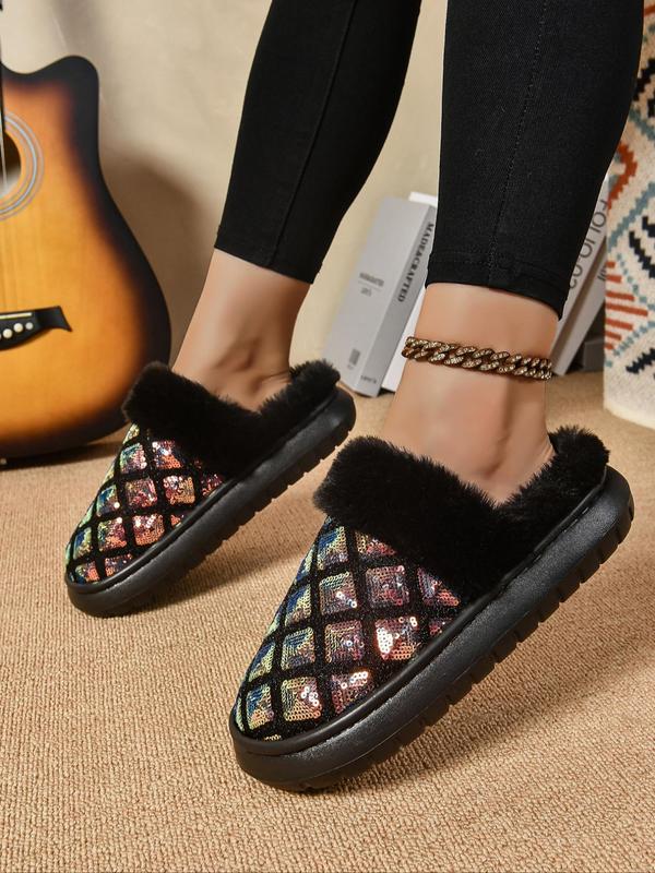 Women's Contrast Sequin Design Plush Slippers, Casual Soft Comfortable Home Slippers, Warm Slippers for Indoor & Outdoor Use for Fall & Winter