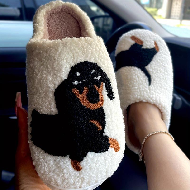 Home Furry Dachshund Dog Slippers, Soft Sole Plush Lining Winter Warm Fluffy Slippers, Bedroom Non-Slip Closed Toe Silent Slippers