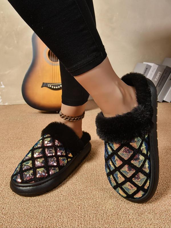 Women's Contrast Sequin Design Plush Slippers, Casual Soft Comfortable Home Slippers, Warm Slippers for Indoor & Outdoor Use for Fall & Winter