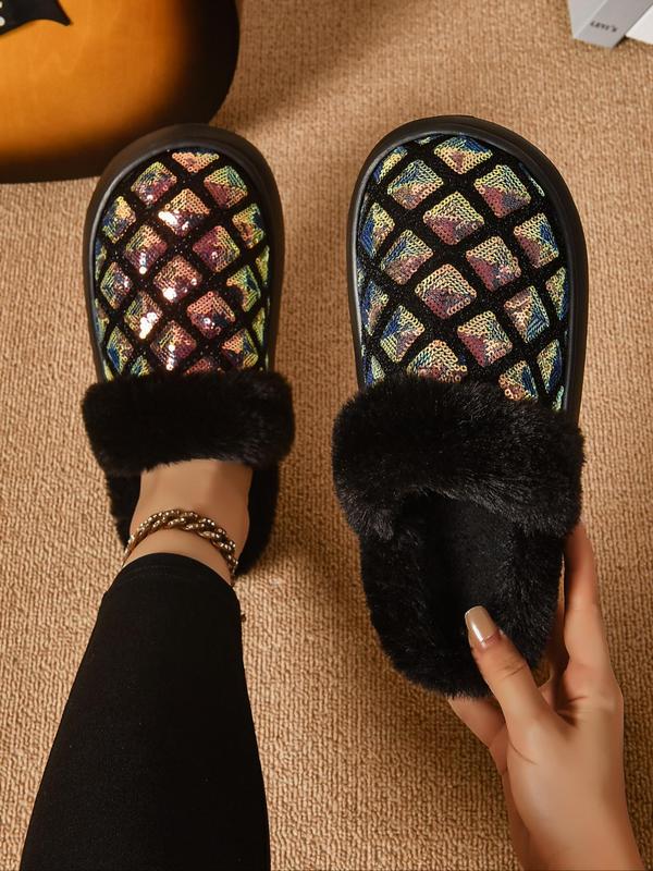 Women's Contrast Sequin Design Plush Slippers, Casual Soft Comfortable Home Slippers, Warm Slippers for Indoor & Outdoor Use for Fall & Winter