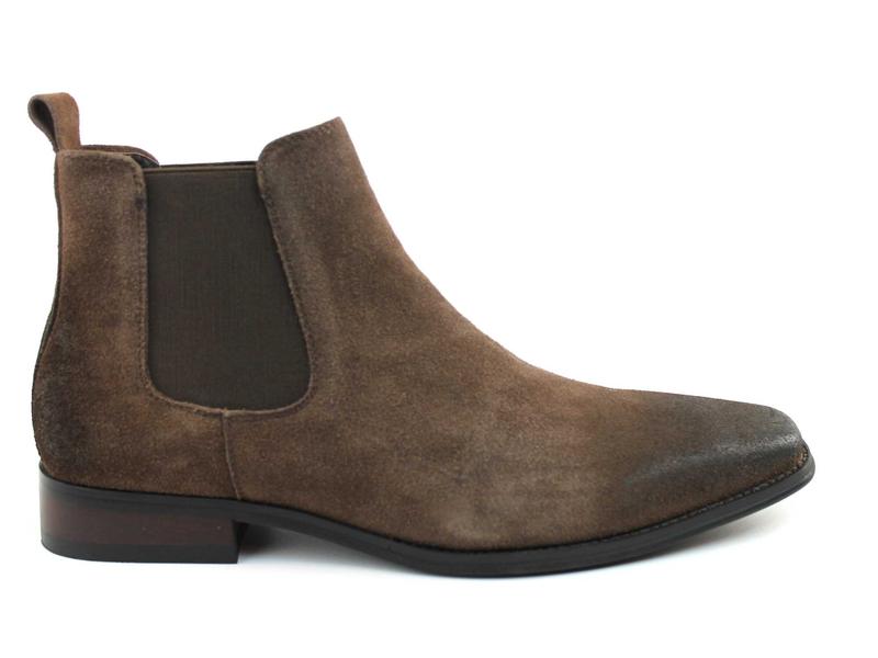 Men's Real Suede Brown Chelsea Boots Ankle High Pull On Round Toe Slip Resistant Block Heel AZARMAN