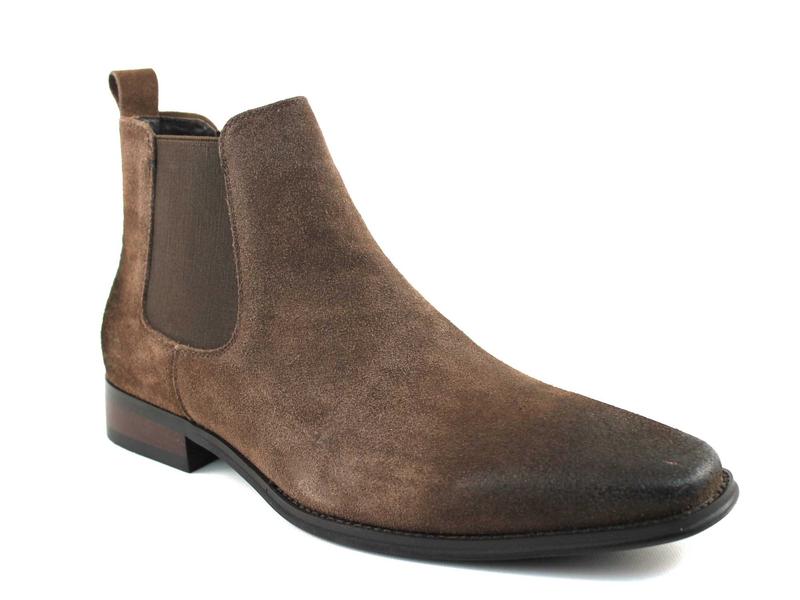 Men's Real Suede Brown Chelsea Boots Ankle High Pull On Round Toe Slip Resistant Block Heel AZARMAN